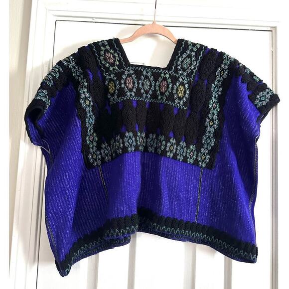 Gorgeous Embroidered Huipil Knit Top Sweater Texture Blue Pink - Picture 3 of 3